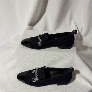 CHANEL Navy Loafers with Silver Chain Accent